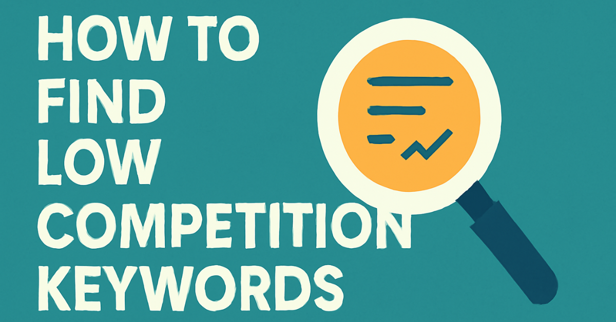 "Text on teal background: How to Find Low Competition Keywords with magnifying glass icon."