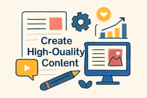 "Illustration showing tools for content creation, highlighting the concept of finding low competition keywords."