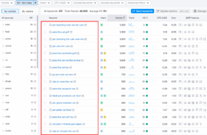 "Screenshot showing a list of low competition long-tail keywords related to pet products for cats."