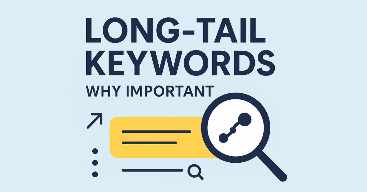 This image showing the importance of long-tail keywords in SEO with icons of search, traffic, and conversion."