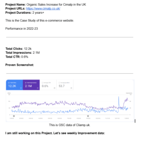 "Screenshot showing organic sales performance and GSC data for Cimalp website with focus on low competition keywords."