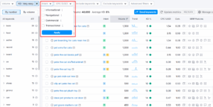 "Keyword research tool showing search intent filters, helping to find low competition keywords for SEO optimization."